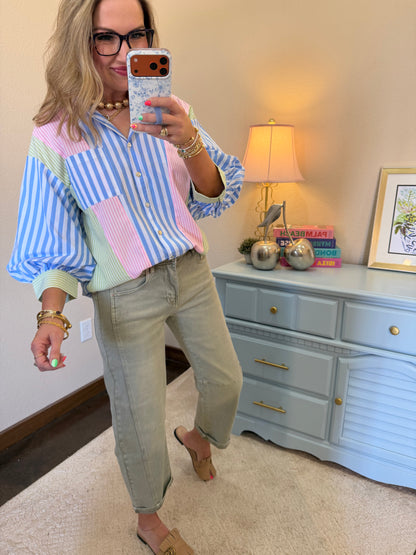 Blue & Pink Stripe Mix & Match Button Down Top