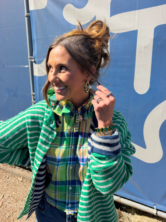 Green Button Down Striped Cardigan