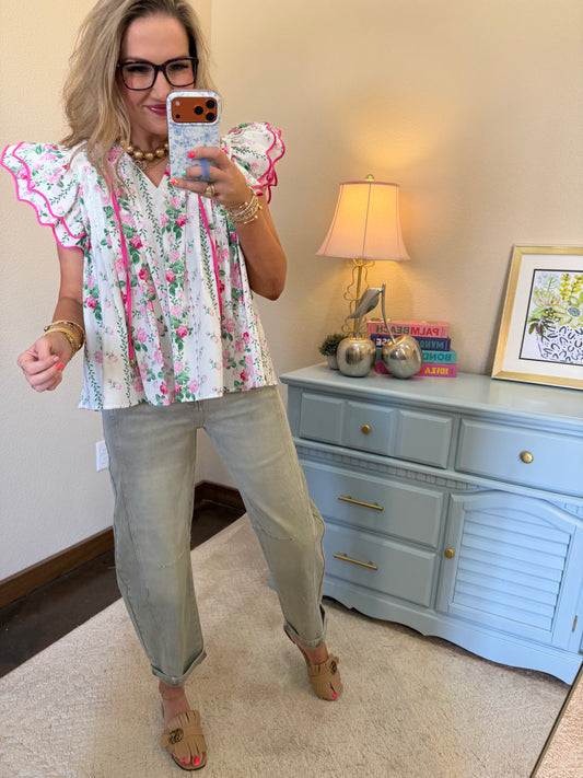 Pink & Cream Floral Front Tie Ruffle Neck Top