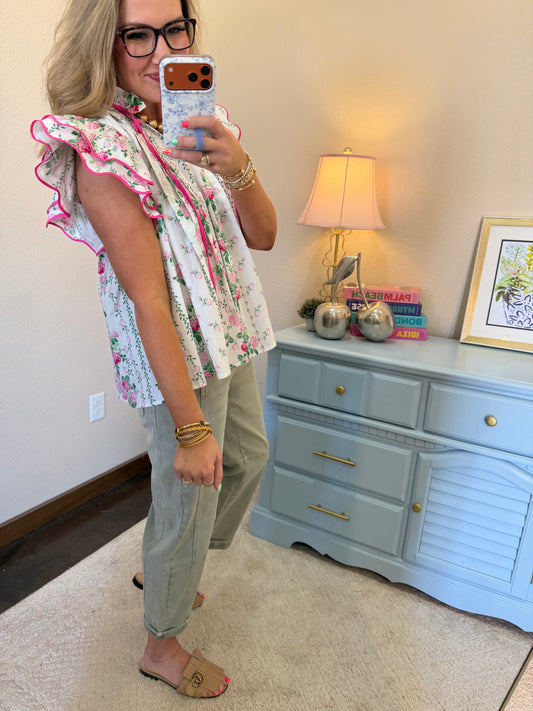 Pink & Cream Floral Front Tie Ruffle Neck Top