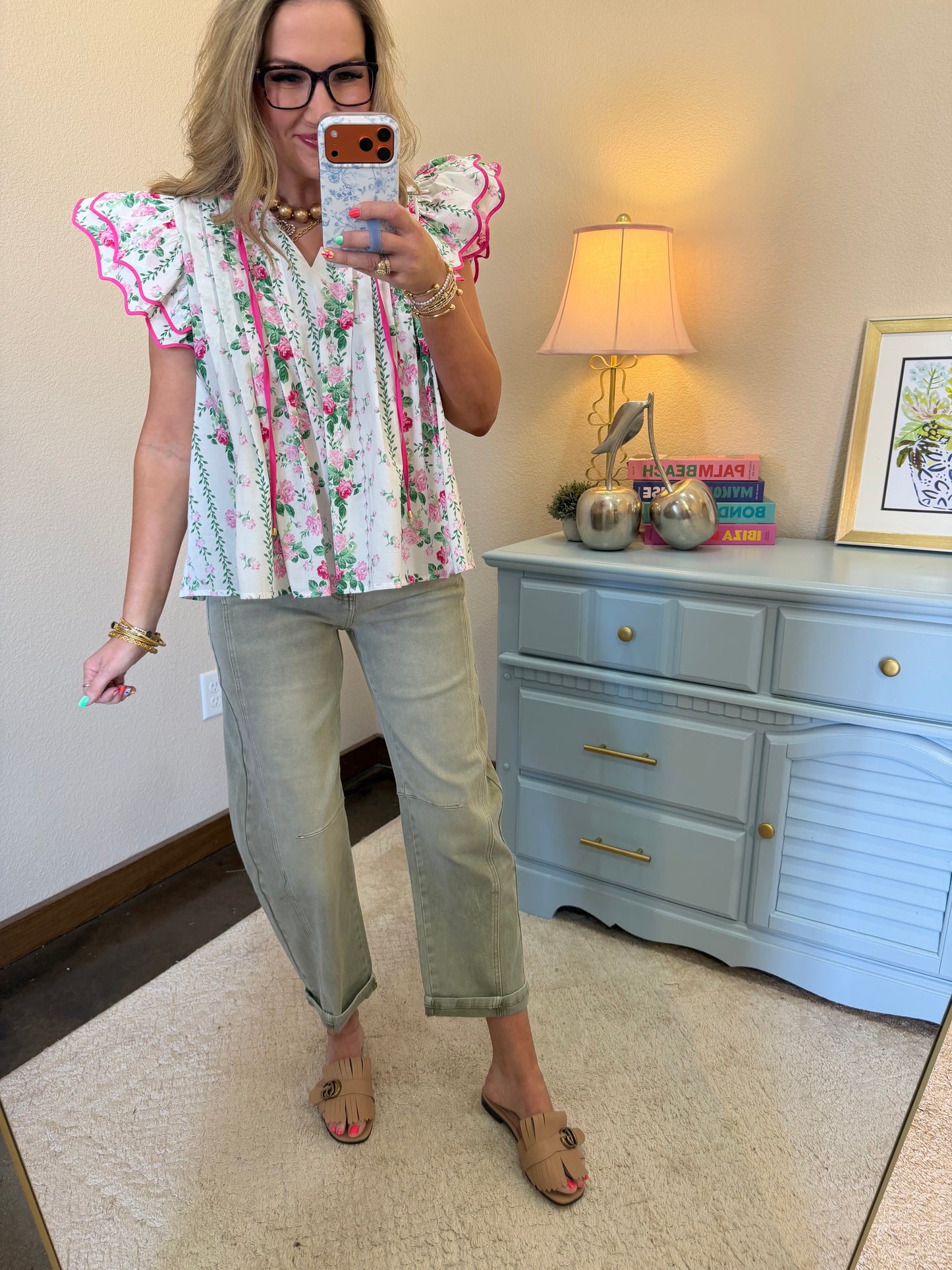 Pink & Cream Floral Front Tie Ruffle Neck Top