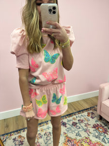 Pink Butterfly Sequin Two Piece Set