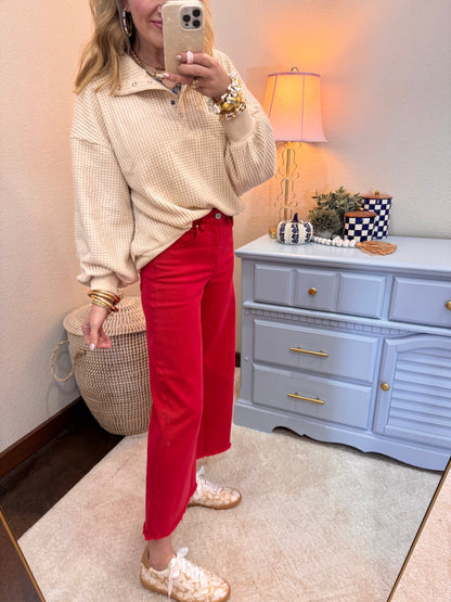 Cream Half Button Down Waffle Knit Top