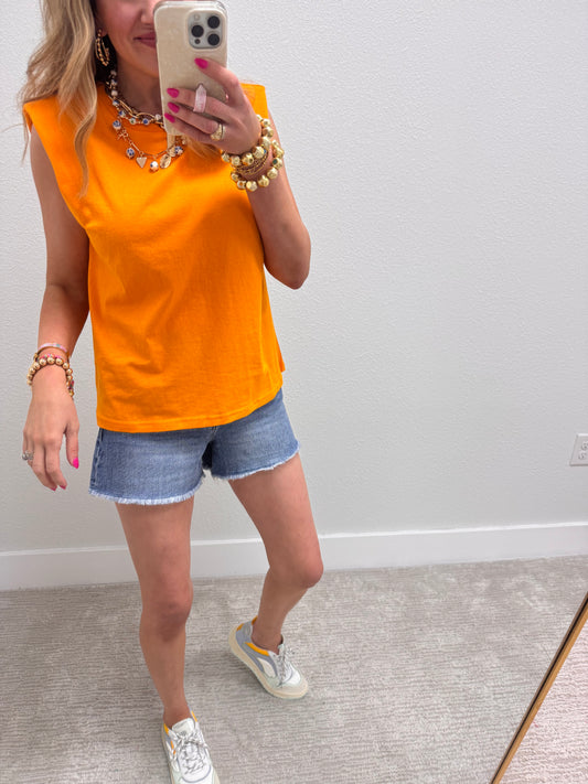 Orange Shoulder Pad Sleeveless Top