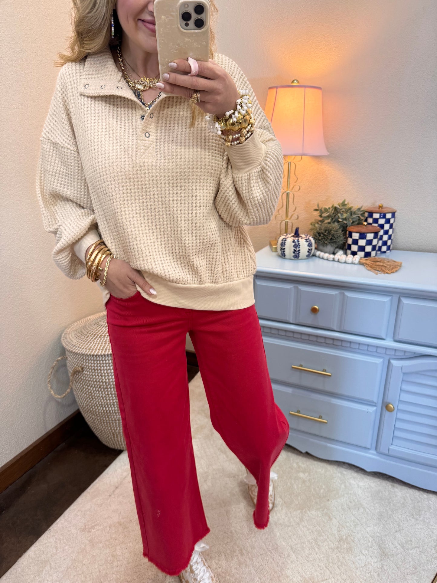 Cream Half Button Down Waffle Knit Top