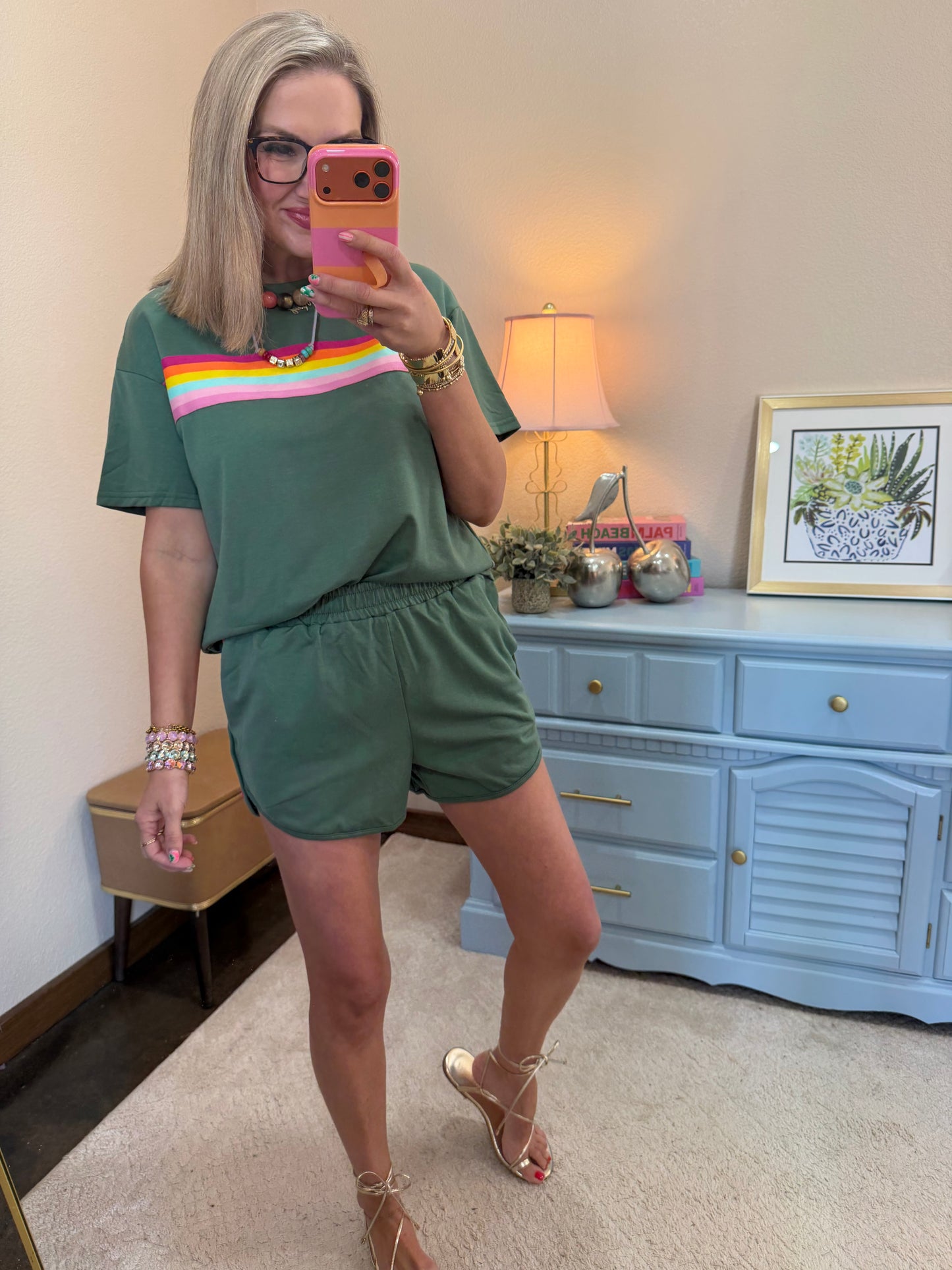 Olive Multi Colored Two Piece Short Set