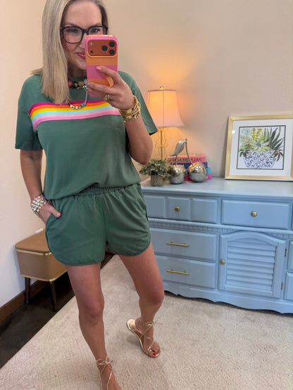 Olive Multi Colored Two Piece Short Set