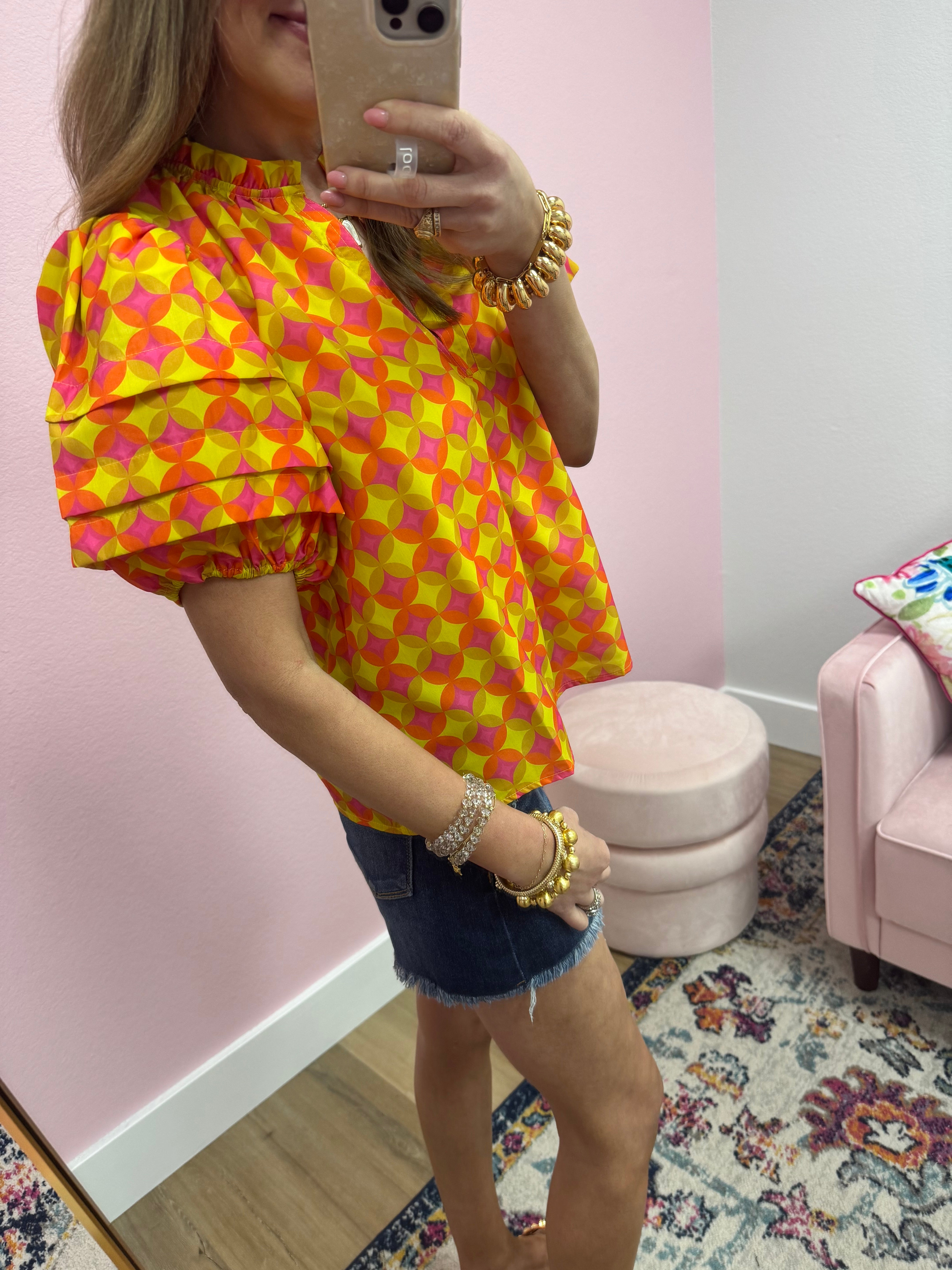 THML Pink Orange and Yellow Pattern Top