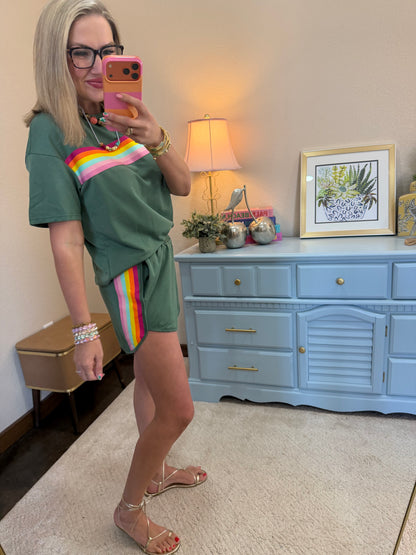 Olive Multi Colored Two Piece Short Set