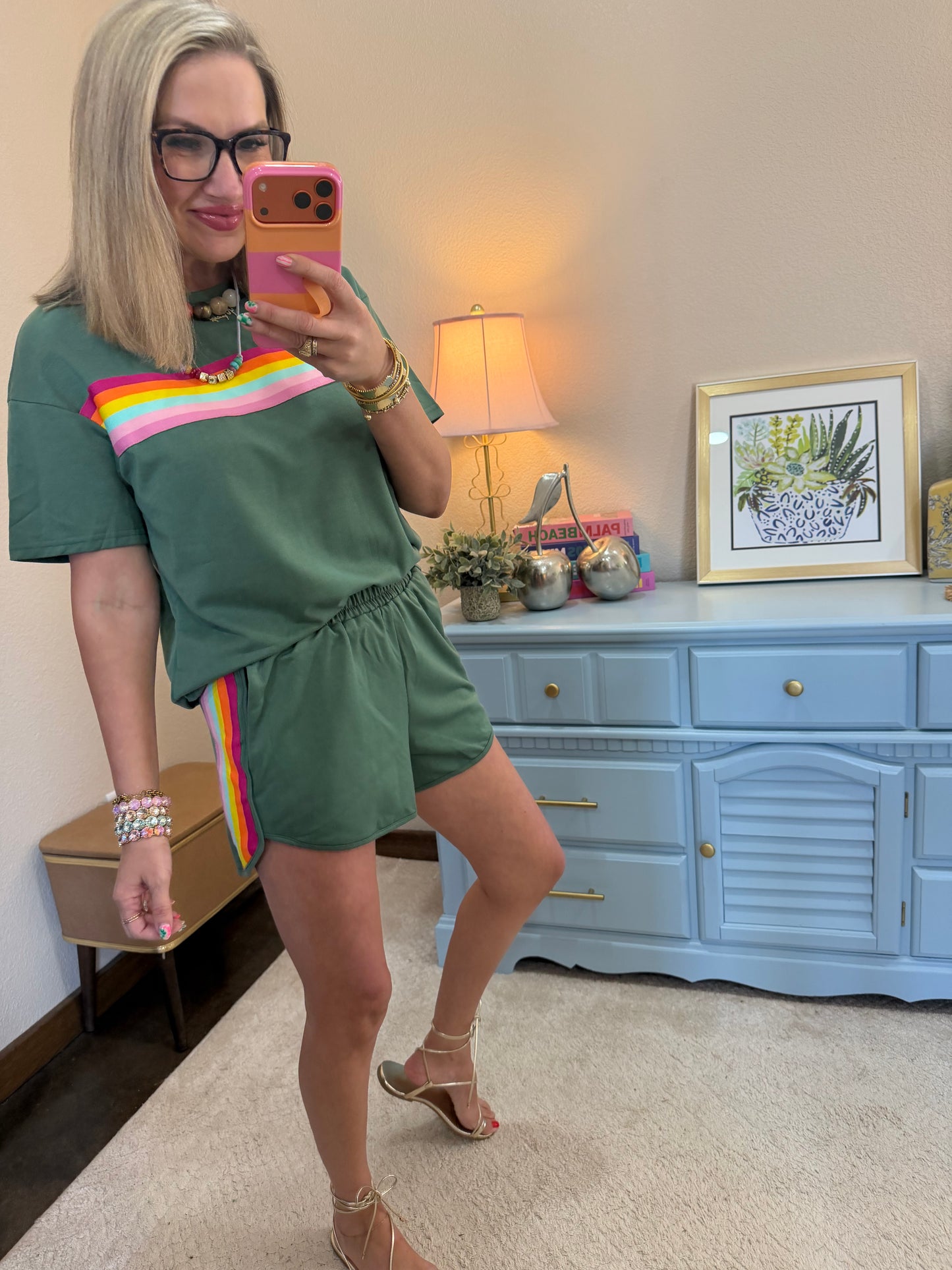 Olive Multi Colored Two Piece Short Set
