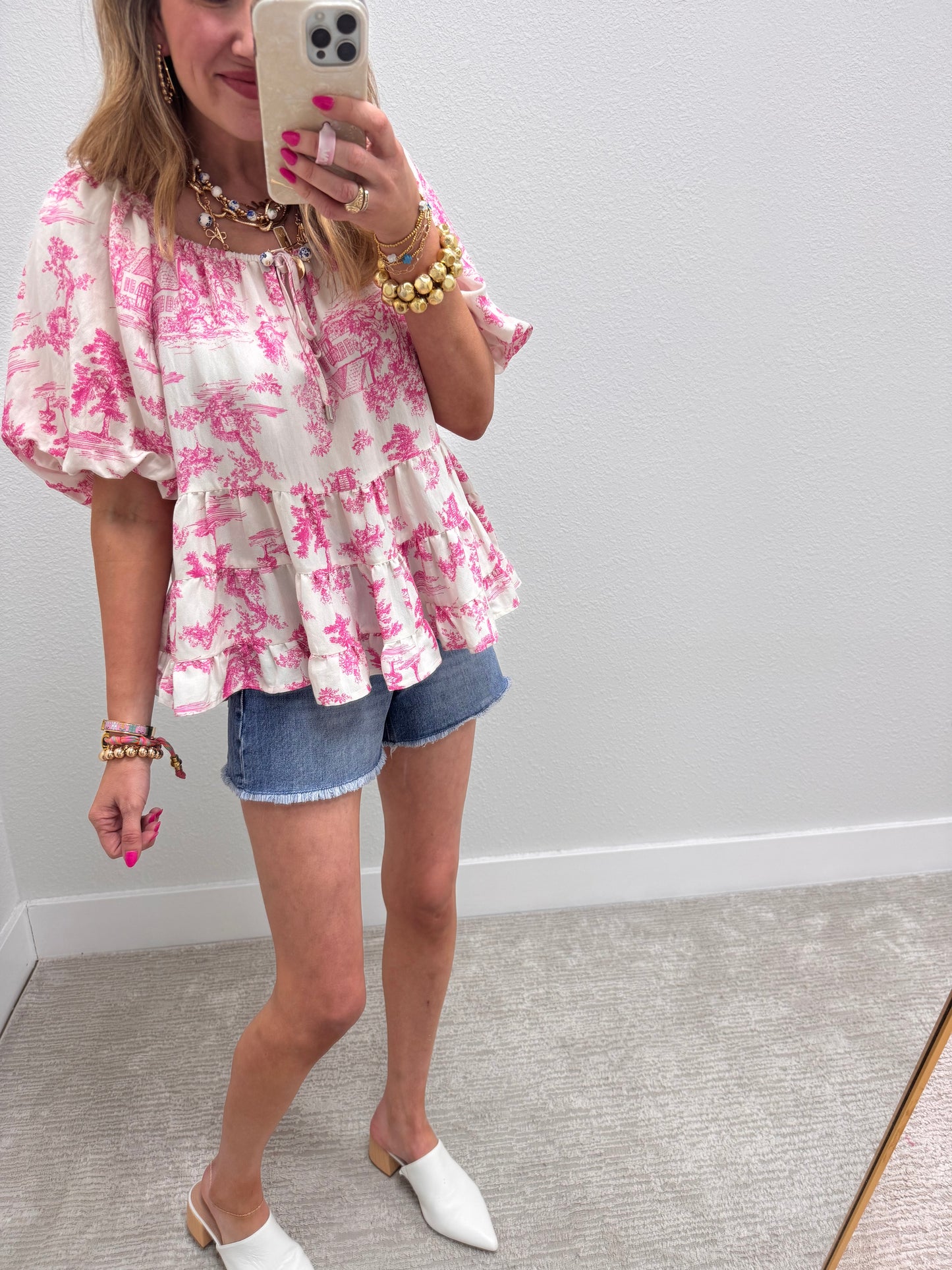 Pink Multi Toile Printed Tiered Top