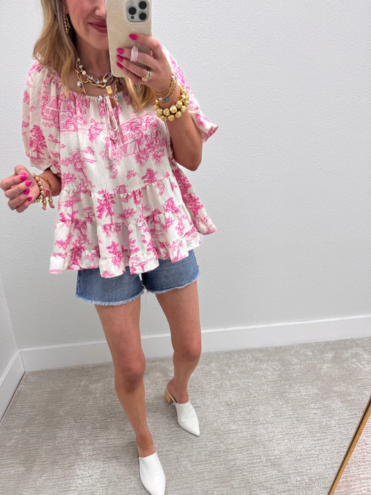 Pink Multi Toile Printed Tiered Top