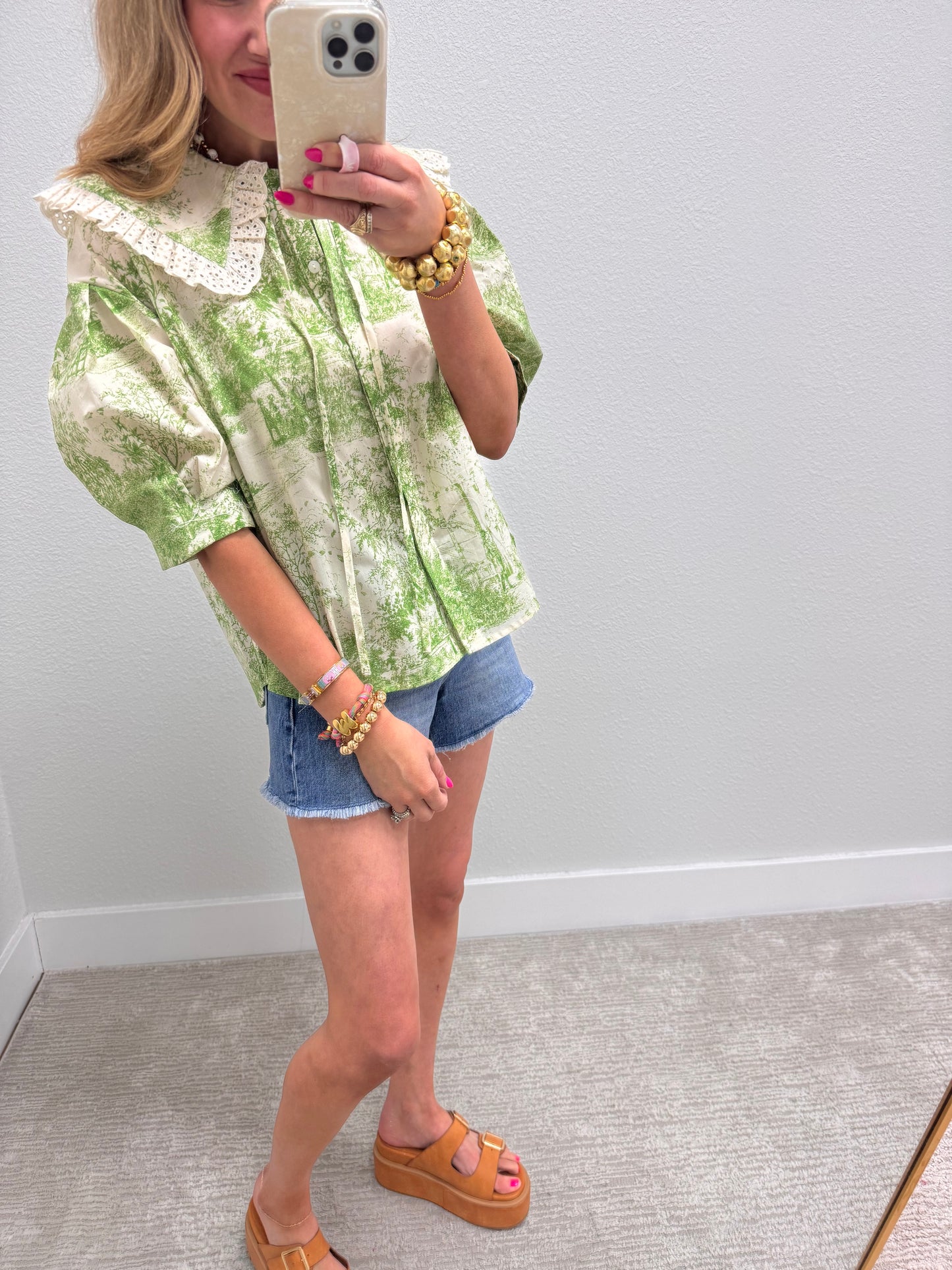 Green Vintage Print Top with Lace Trim Peter Pan Collar