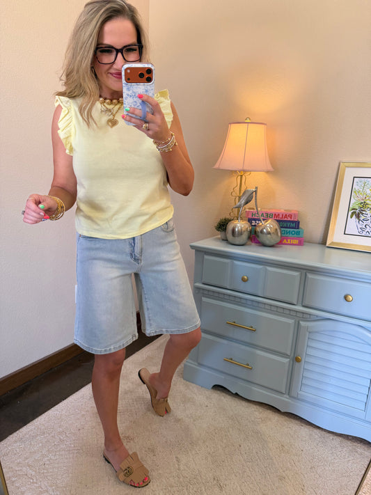 Pale Yellow Ruffle Cap Sleeve Crew Neck Top