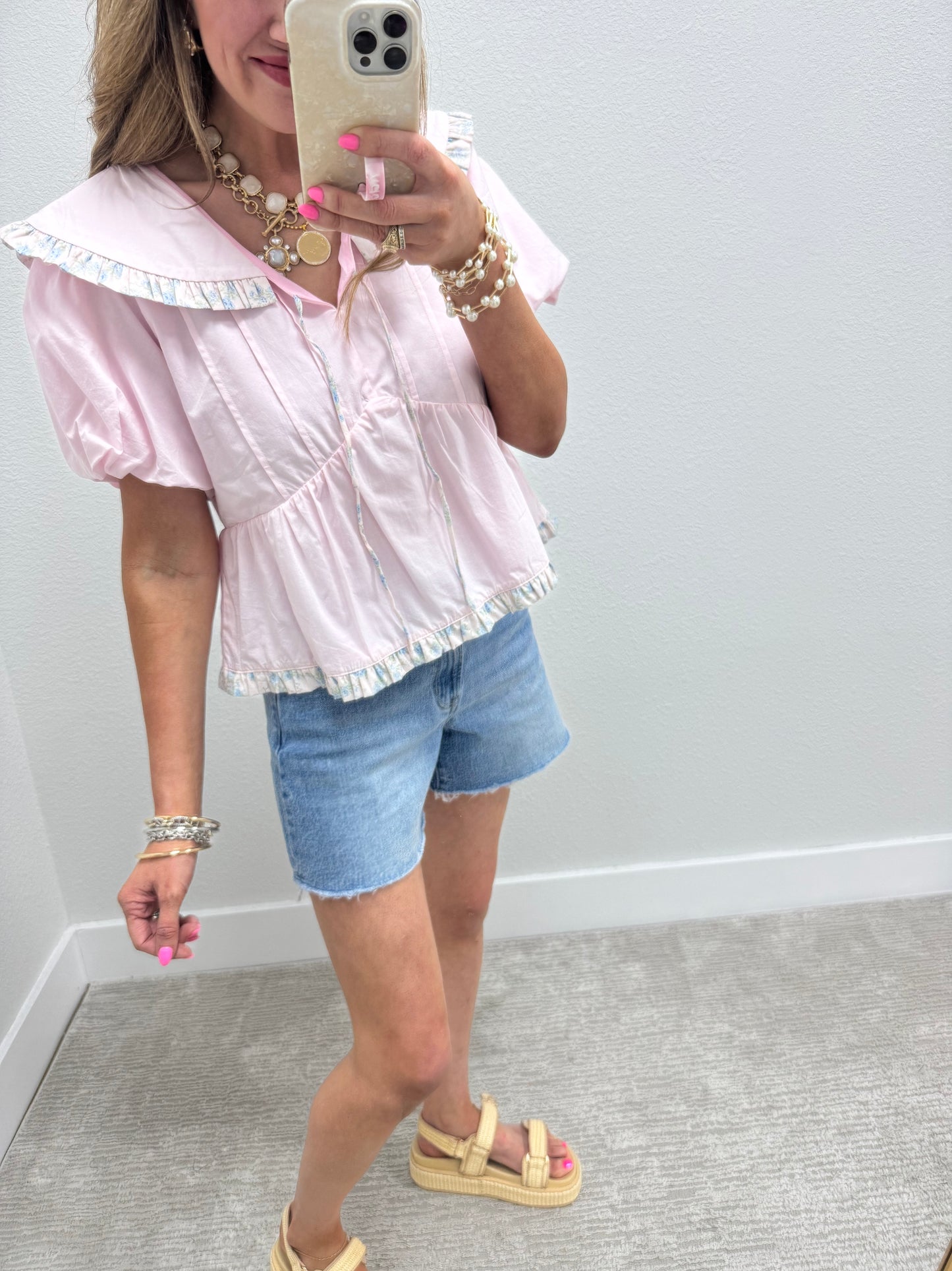 Pink Multi Floral Tie Collared Neck Top