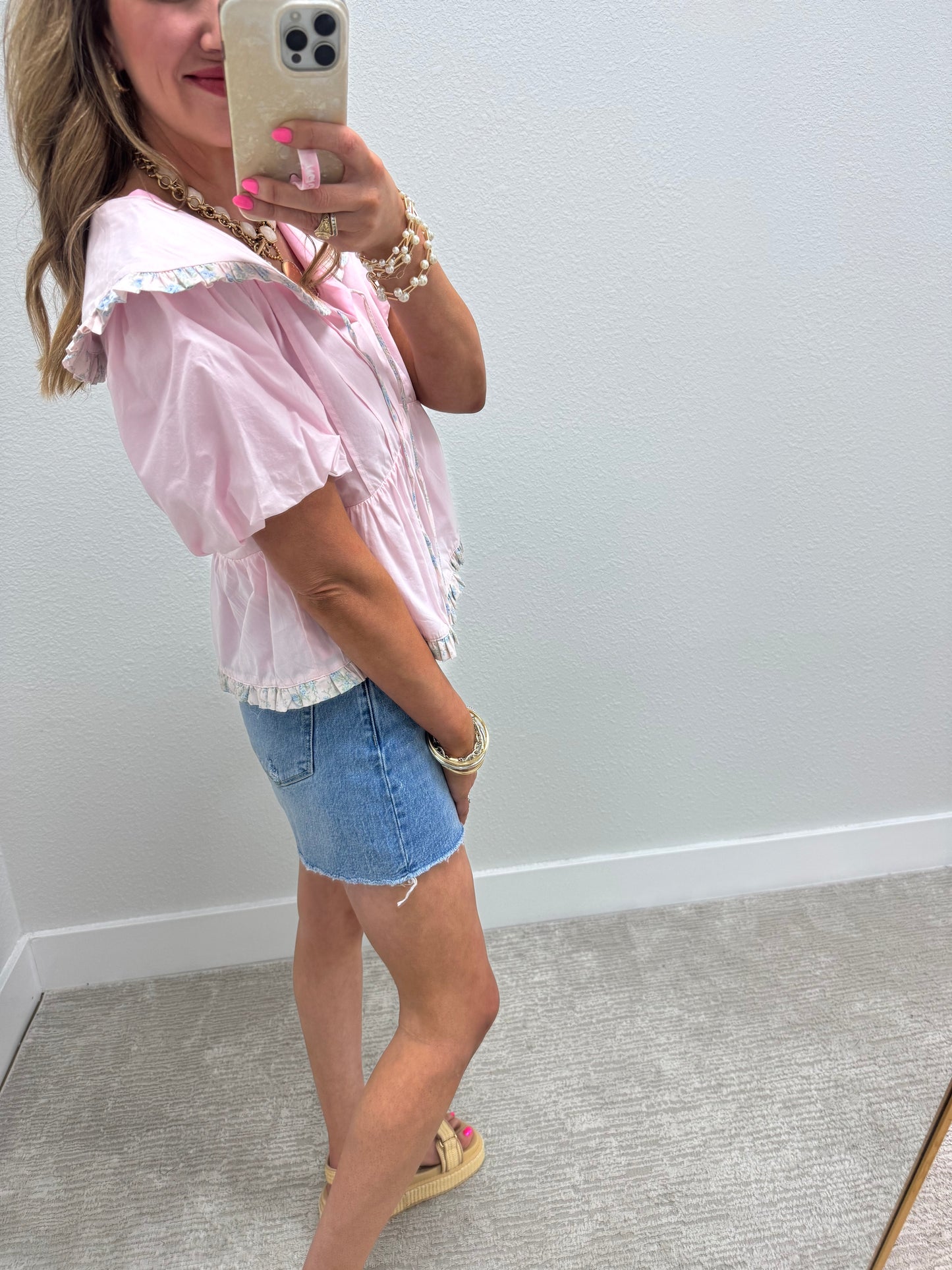 Pink Multi Floral Tie Collared Neck Top
