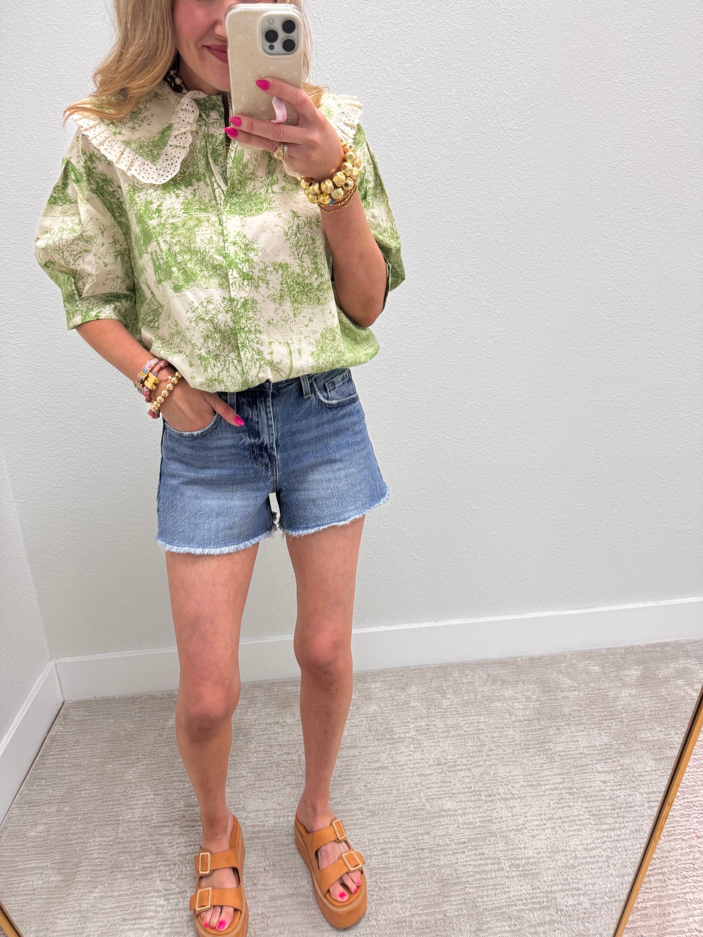 Green Vintage Print Top with Lace Trim Peter Pan Collar