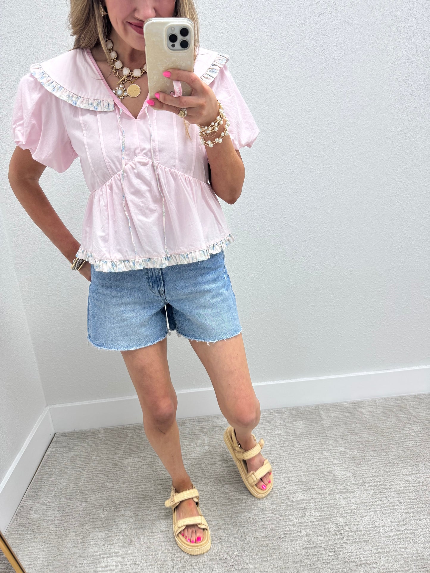 Pink Multi Floral Tie Collared Neck Top