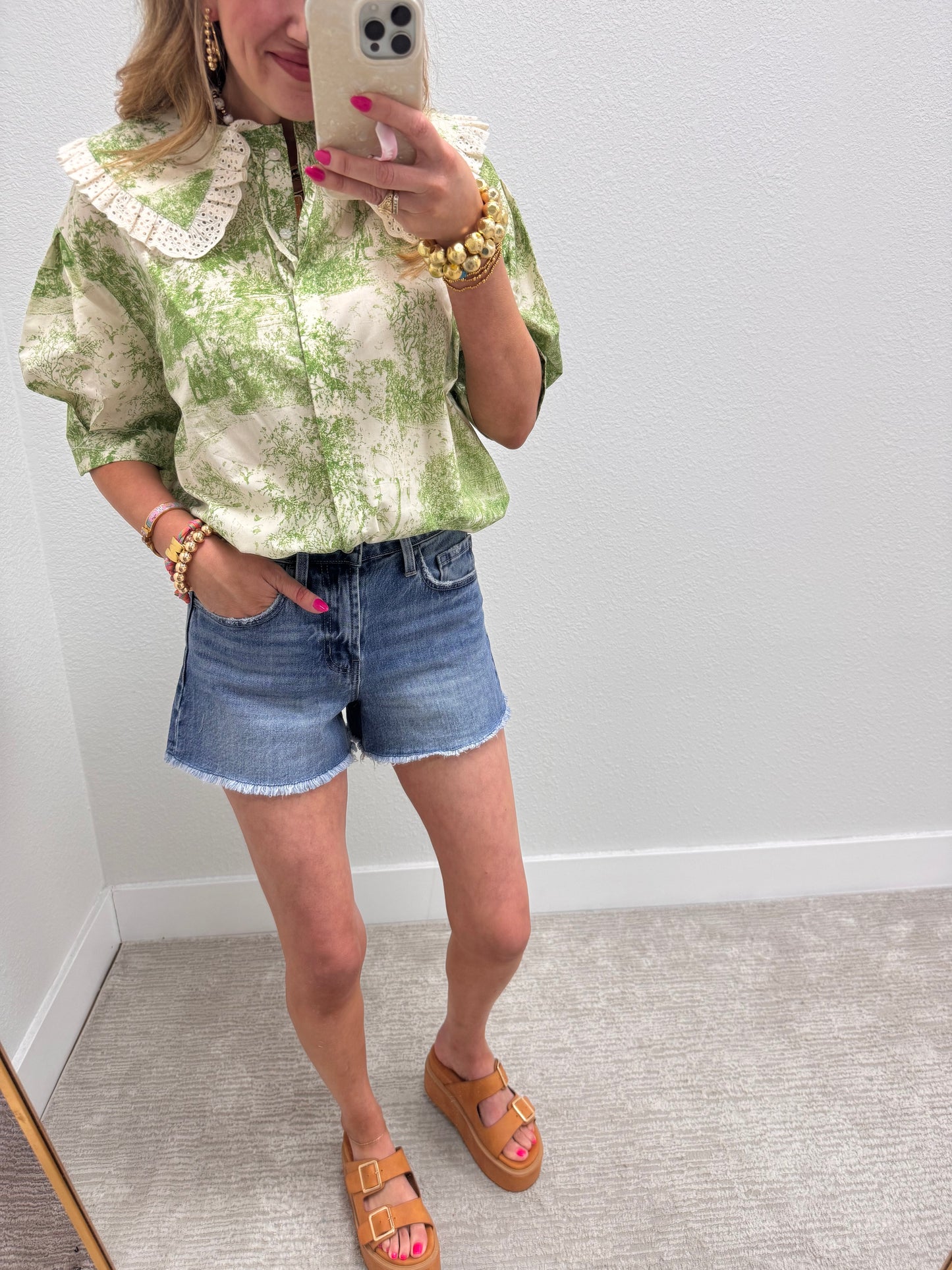 Green Vintage Print Top with Lace Trim Peter Pan Collar