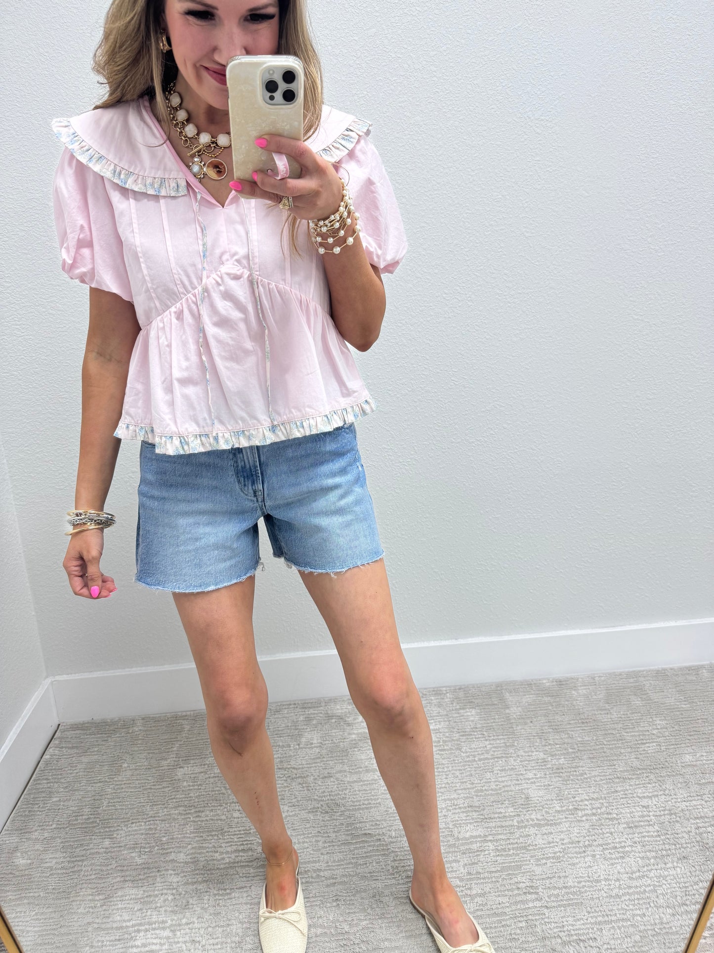 Pink Multi Floral Tie Collared Neck Top