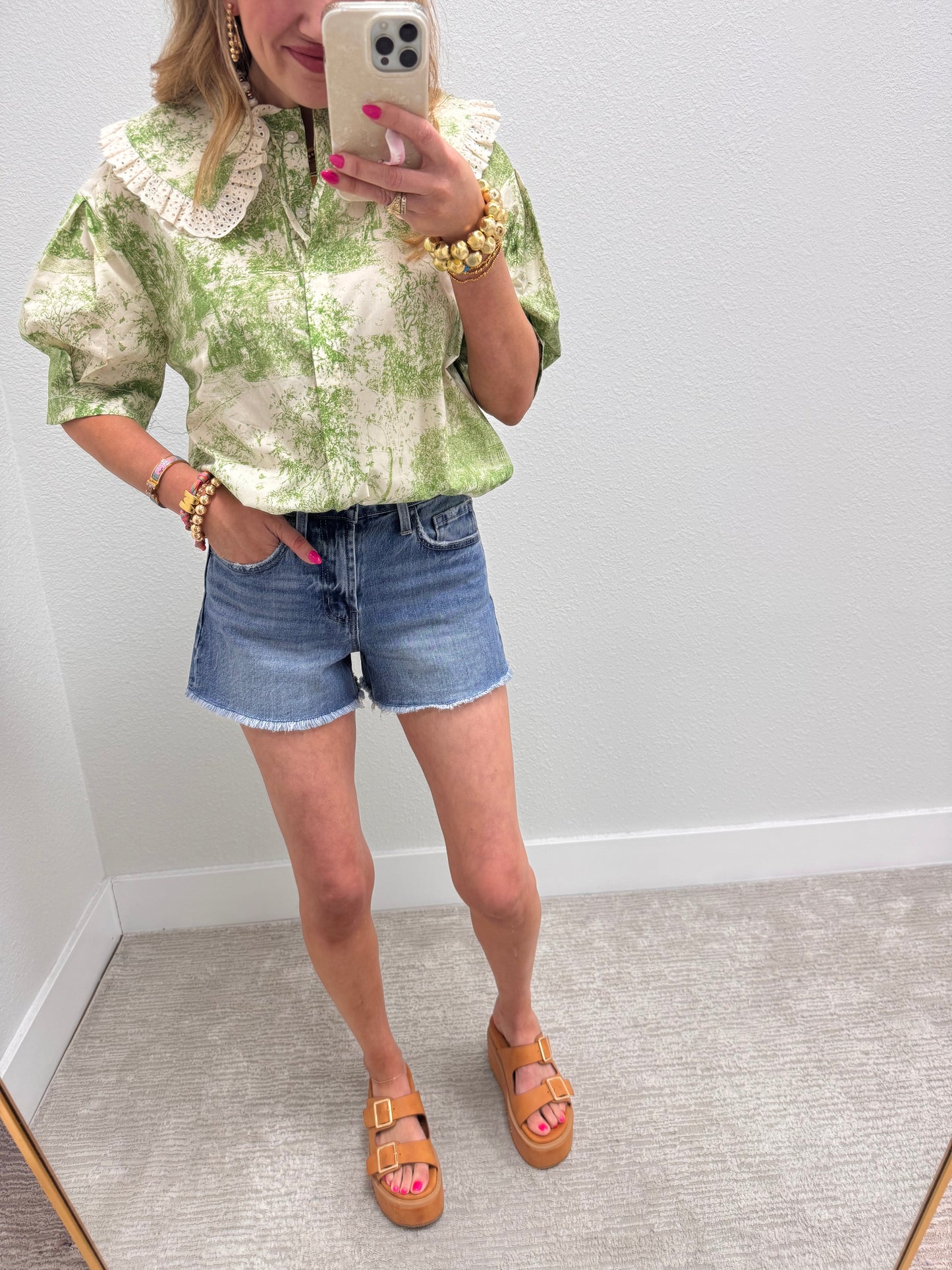 Green Vintage Print Top with Lace Trim Peter Pan Collar