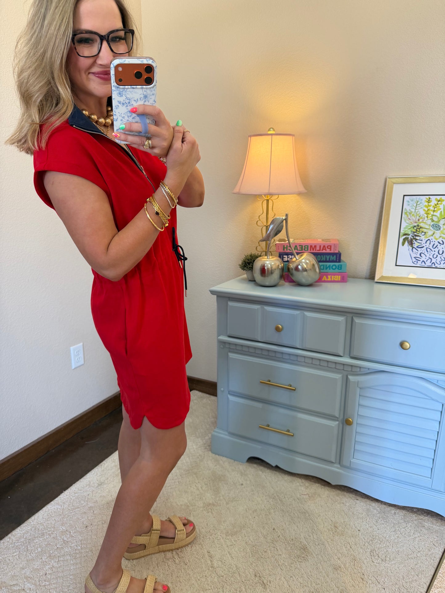 Red & Navy Knit Zip Up Collared Mini Dress with Drawstring Waist