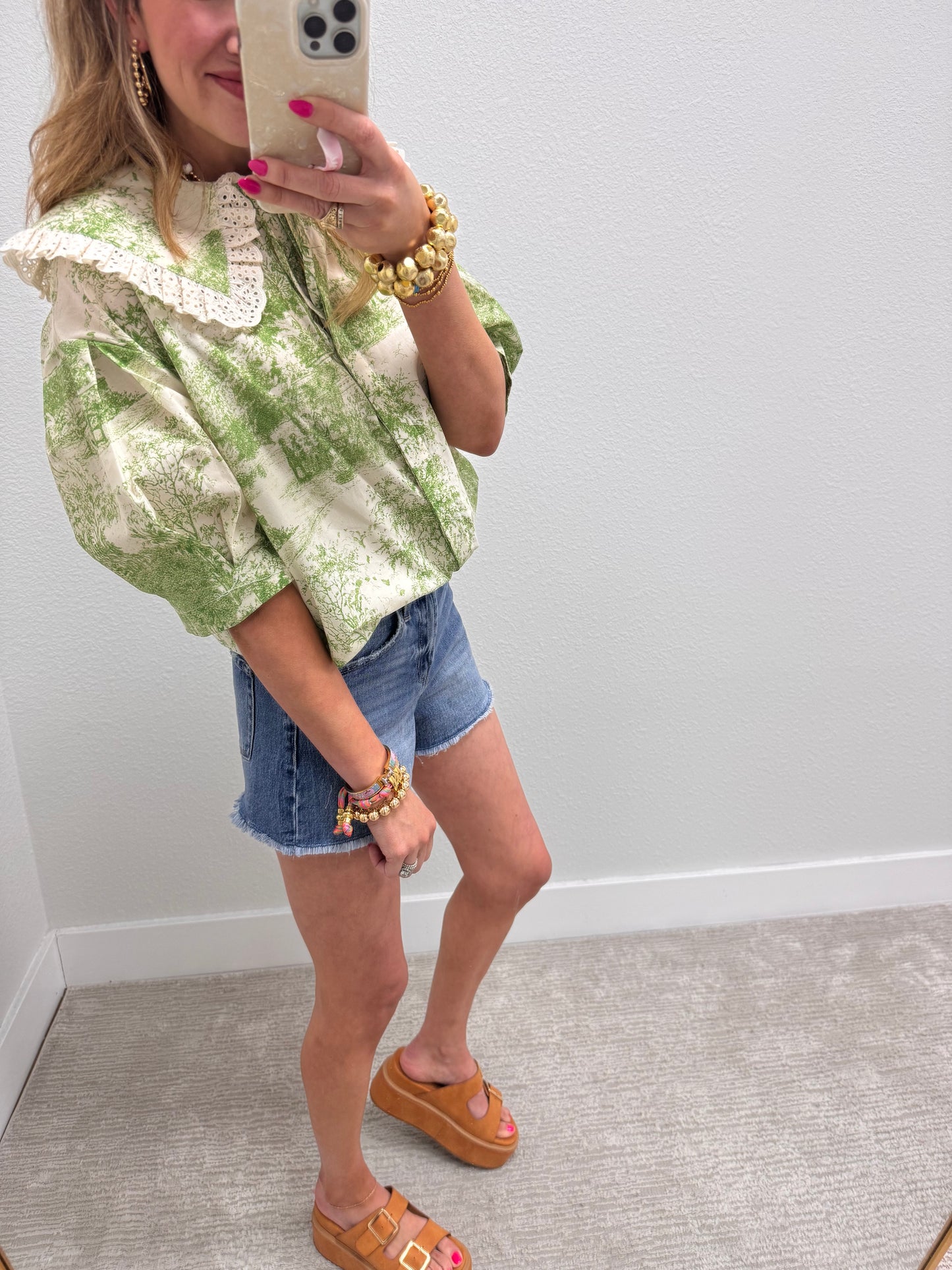 Green Vintage Print Top with Lace Trim Peter Pan Collar