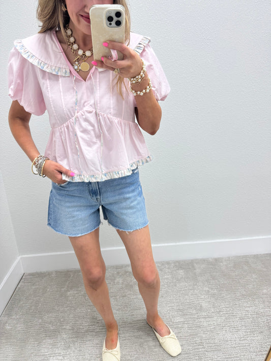 Pink Multi Floral Tie Collared Neck Top