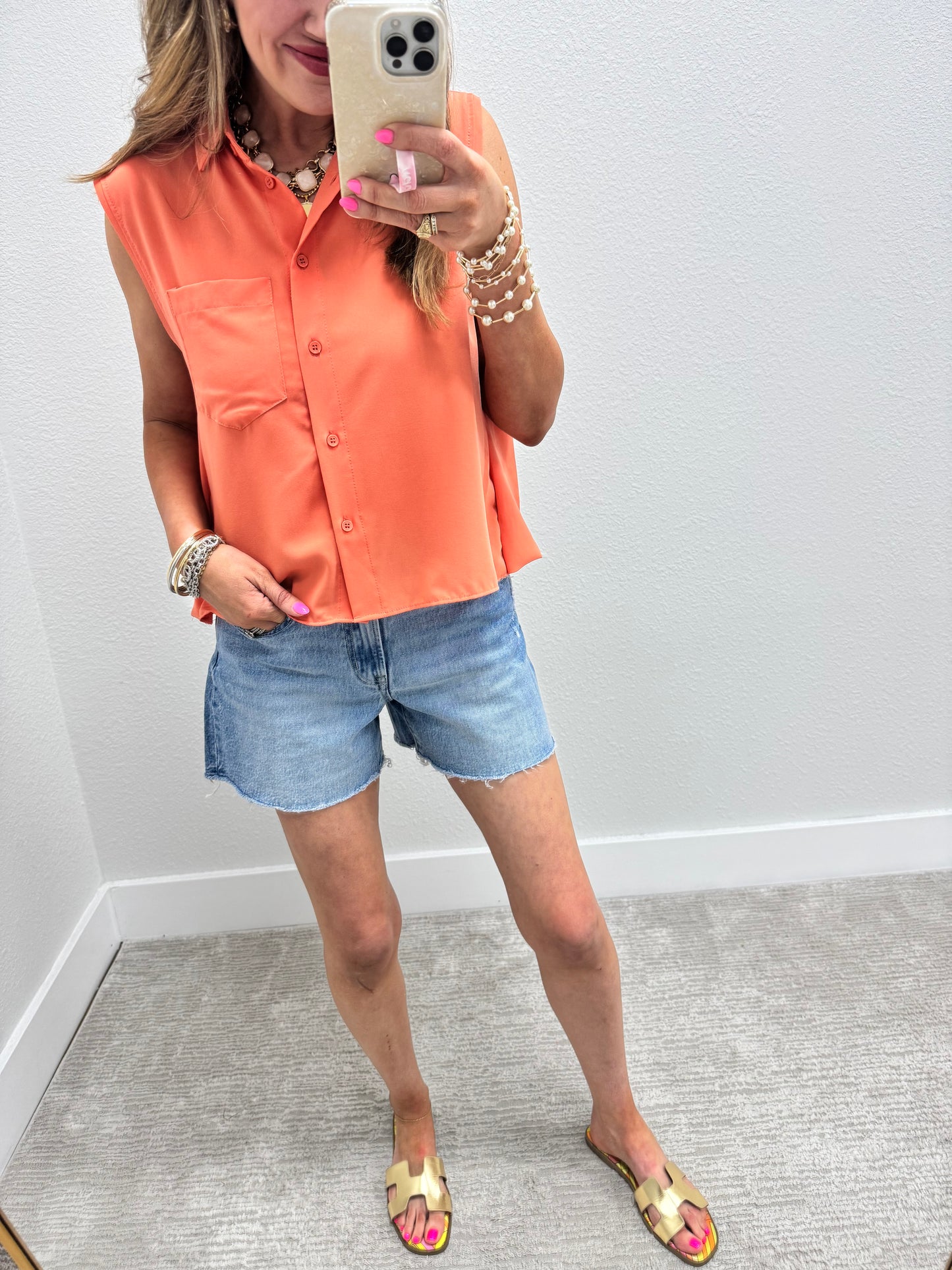 Lt Orange Sleeveless Collared Bubble Back Top FS