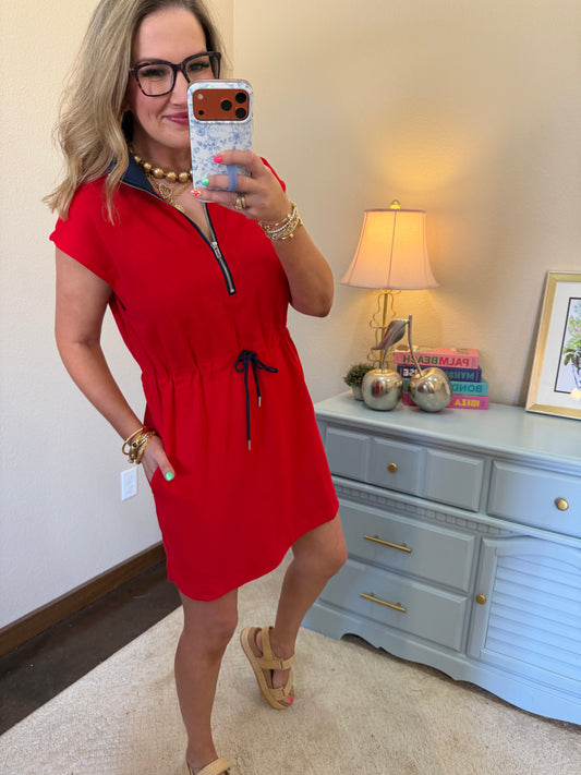 Red & Navy Knit Zip Up Collared Mini Dress with Drawstring Waist