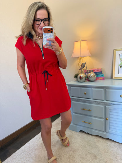Red & Navy Knit Zip Up Collared Mini Dress with Drawstring Waist