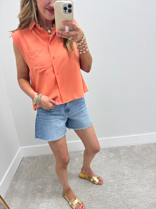 Lt Orange Sleeveless Collared Bubble Back Top FS