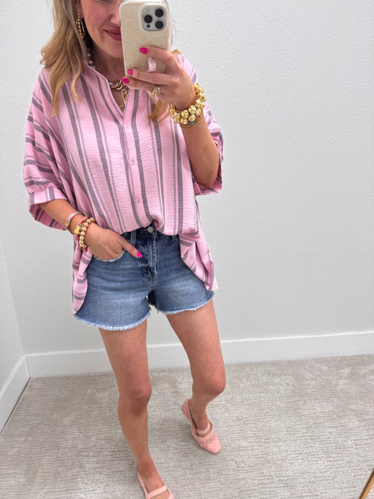 Pink Grey Woven Stripe Oversized Button Down Shirt