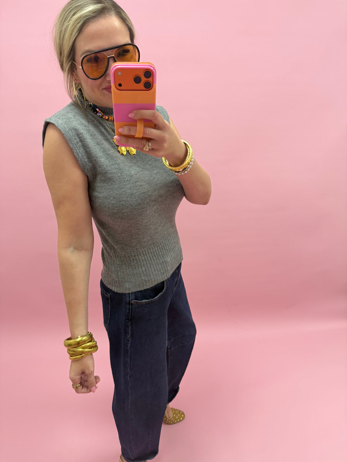 Charcoal High Neck Sleeveless Knit Top