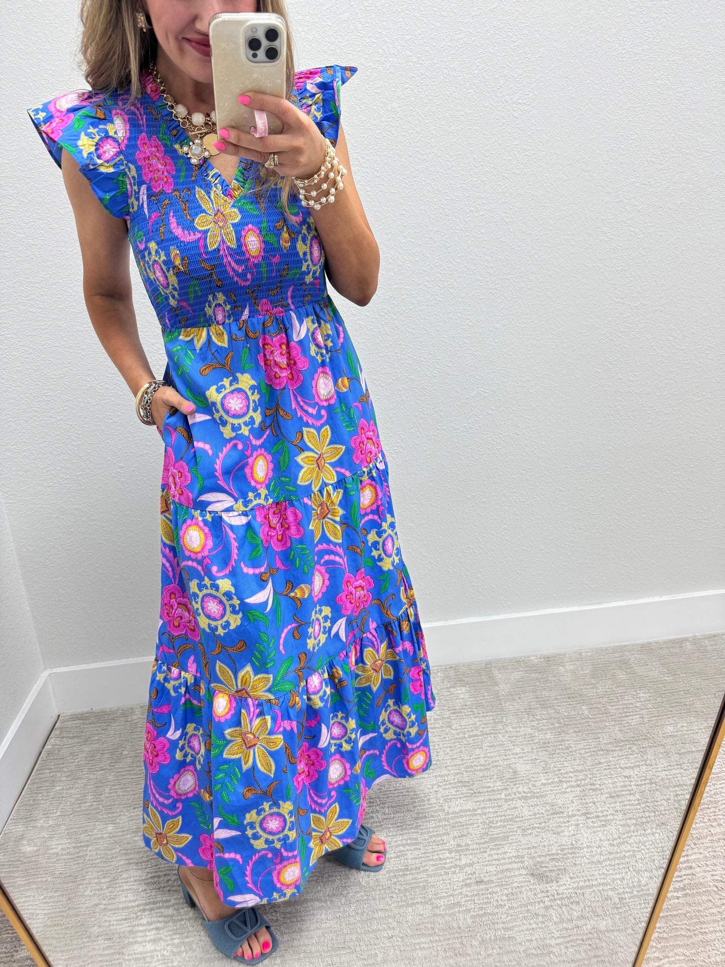 Blue Printed Smocked Top Midi Dress