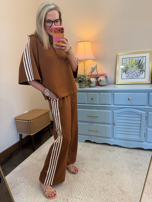Chocolate Side Stripe Trim Scuba Two Piece Set