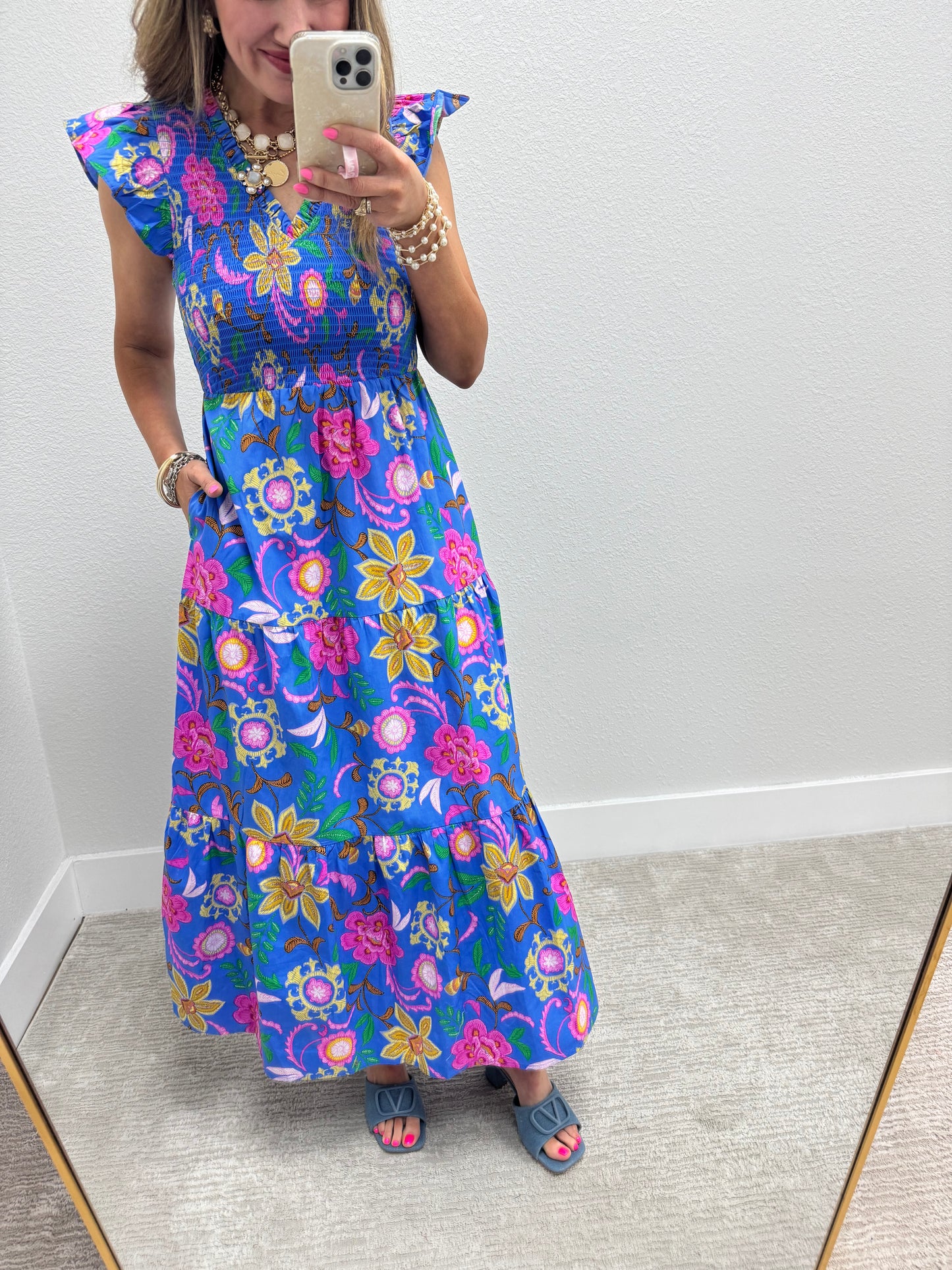 Blue Printed Smocked Top Midi Dress