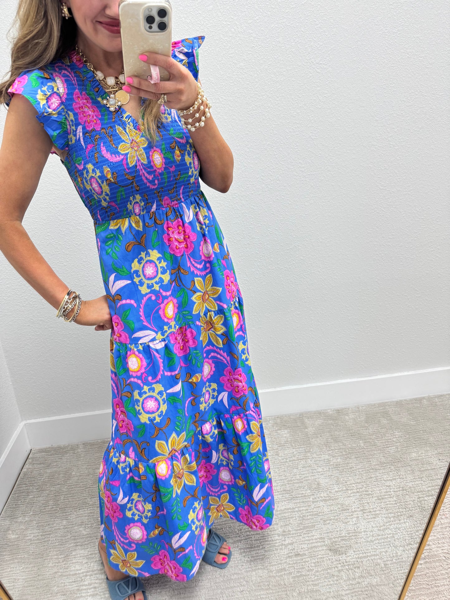 Blue Printed Smocked Top Midi Dress
