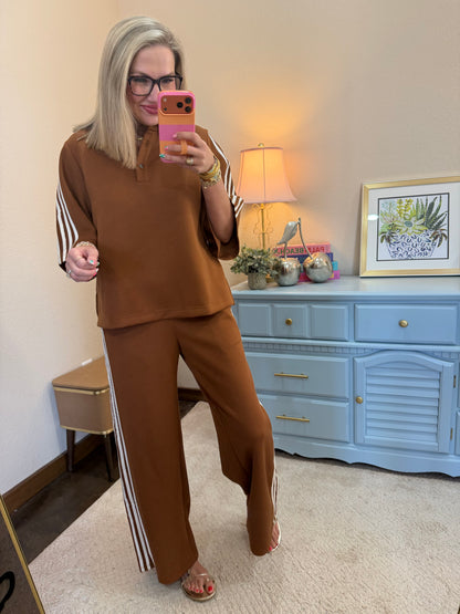 Chocolate Side Stripe Trim Scuba Two Piece Set