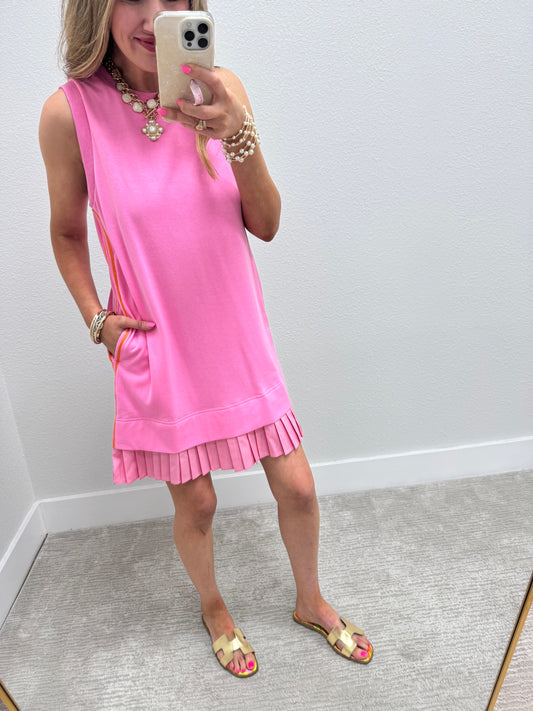Pink and Orange Side Stripe Pleated Bottom Dress
