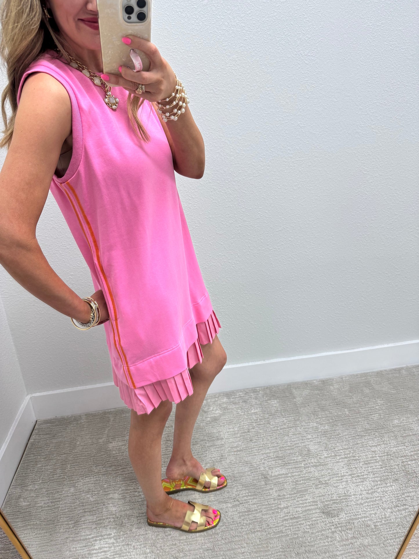 Pink and Orange Side Stripe Pleated Bottom Dress