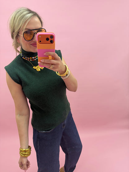 Deep Green High Neck Sleeveless Knit Top