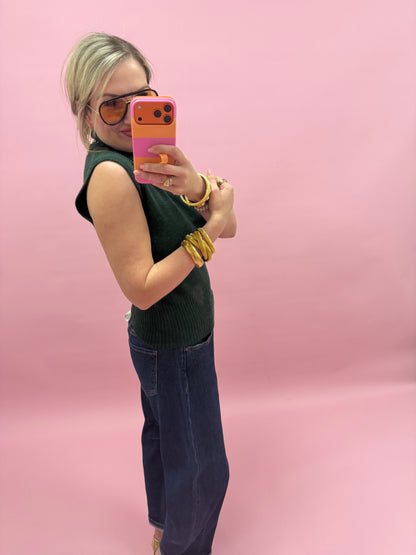 Deep Green High Neck Sleeveless Knit Top