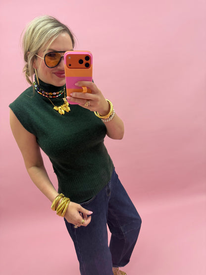Deep Green High Neck Sleeveless Knit Top