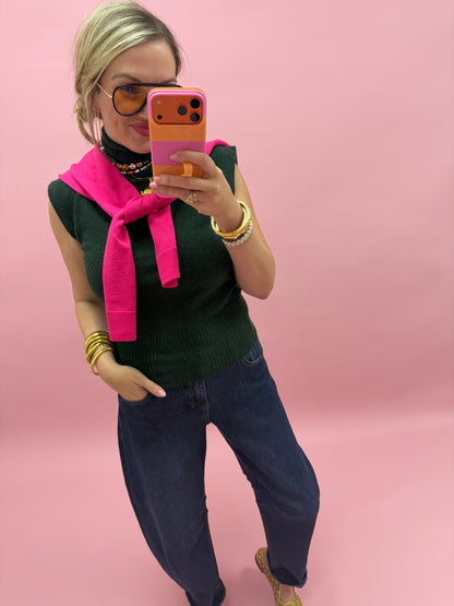 Deep Green High Neck Sleeveless Knit Top