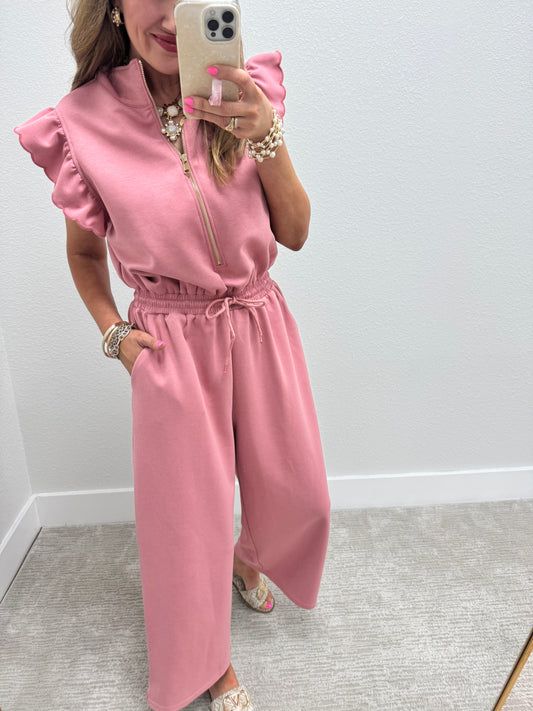 Antique Rose Scuba Scallop Sleeve Jumpsuit