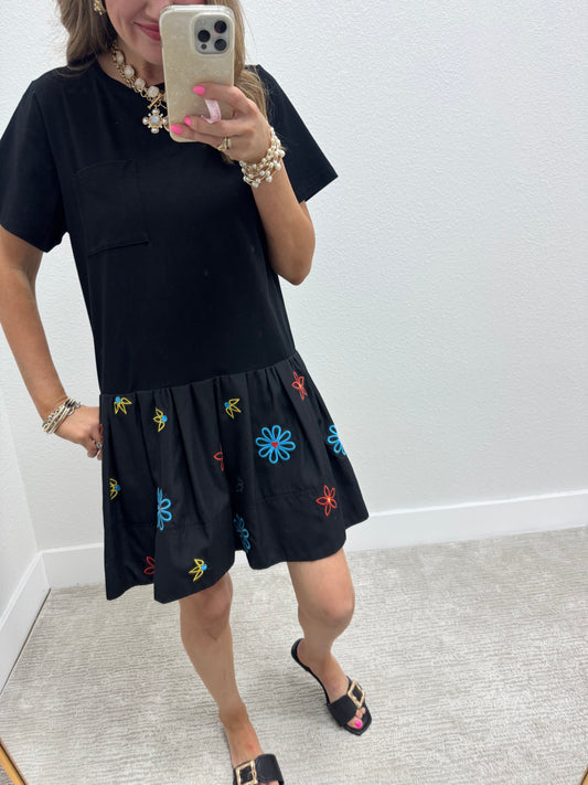 Black Embroidery Detail Solid Mini Dress with Pockets