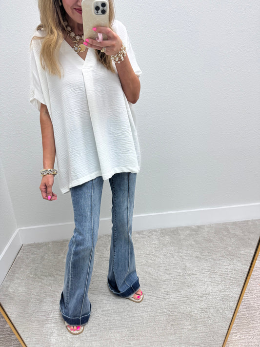 Off White Collared Vneck Dolman Sleeve Top