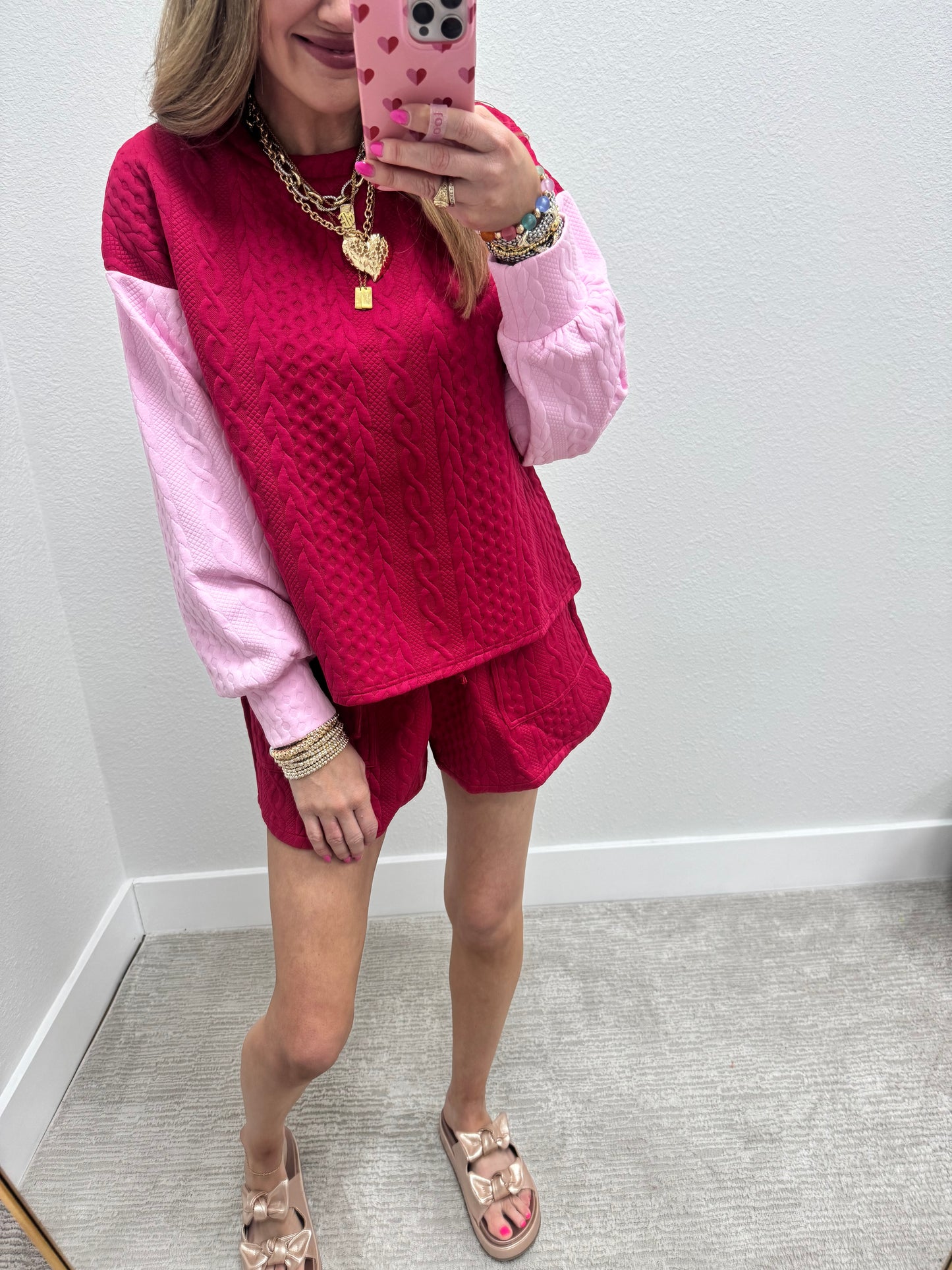 Raspberry and Pink Quilted Two Piece Long Sleeve Short Set