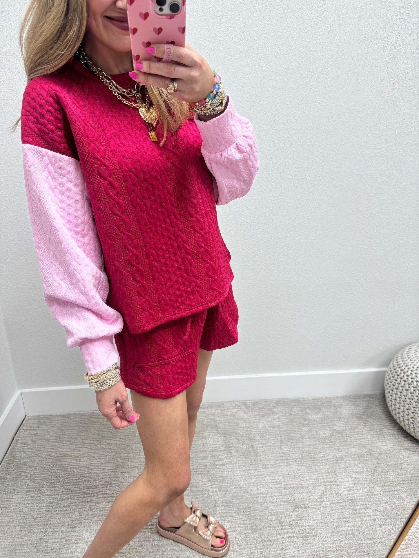 Raspberry and Pink Quilted Two Piece Long Sleeve Short Set